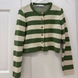 ZARA- Green & White striped sweater. Size L